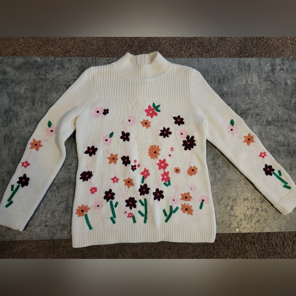 Talbots Mock neck knit Embroidered Flower Sweater